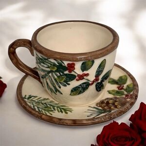 Yankee Candle Cup & Saucer Mini Candle Holder 2012 Pine Cones & Berries Rustic